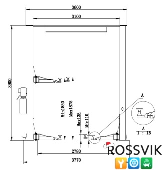 Автоподъемник двухстоечный ROSSVIK V2-5.5L г/п 5.5т, 380В, с верхней синхронизацией